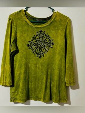 Olive Green Long-Sleeve Tee with Decorative Medallion